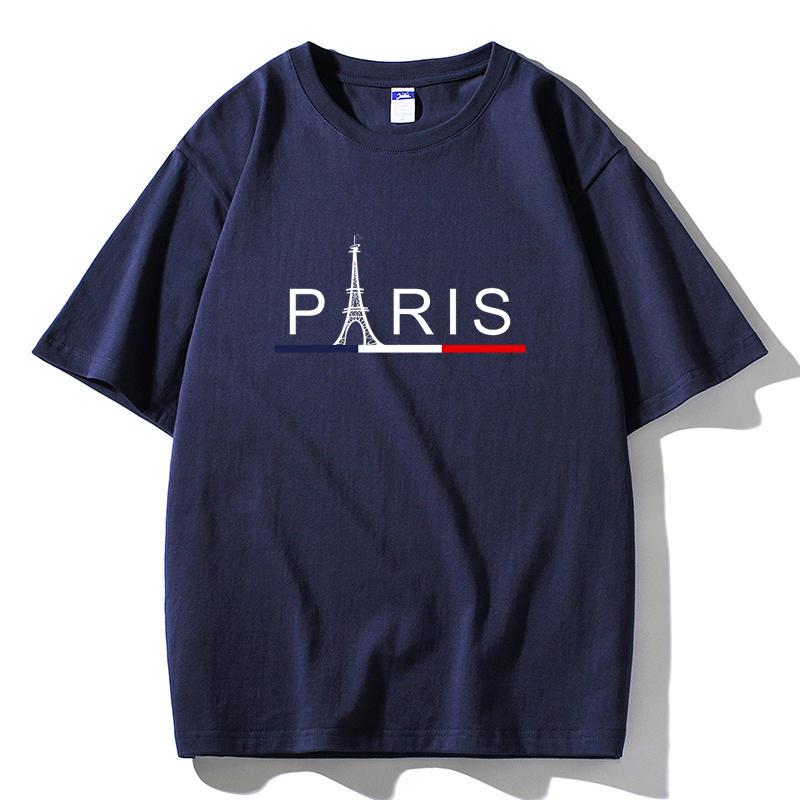 2026 Summer Paris Eiffel Tower Print T-Shirt French Flag Color Stripe Casual White Unisex Tee