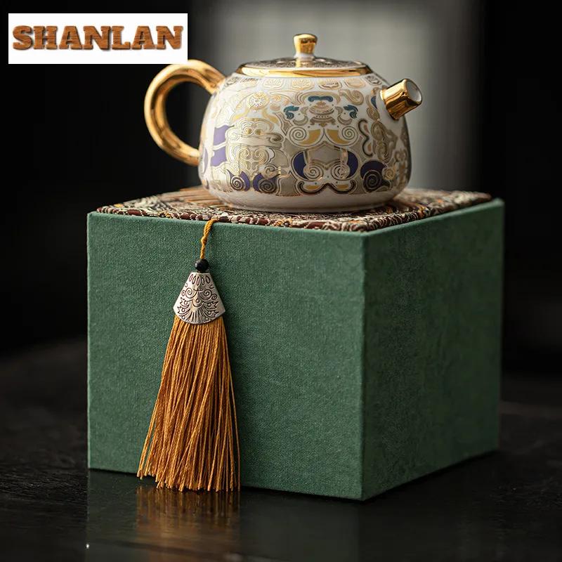 135ml Meister handgefertigt Tangka Dunhuang Weiß Vergoldetes Silber Teekanne Retro Kanne Teekocher Chinesisches Teeservice Verzierungen Geschenk