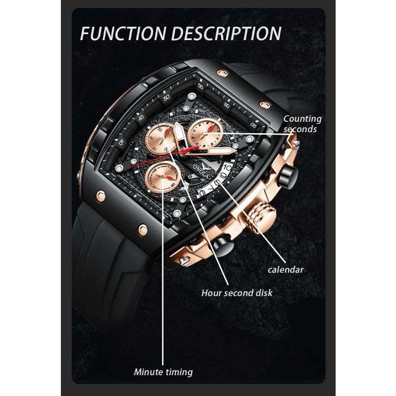 ONOLA Ceasuri de mână bărbătești de modă, multifuncționale, cu calendar, cronometru, lumină de noapte, impermeabile, din silicon impermeabil, cu quartz