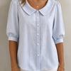 Women's Peter Pan Collar Puff Short Sleeve Vertical Stripe Single Breasted Loose Casual Blouse Shirt