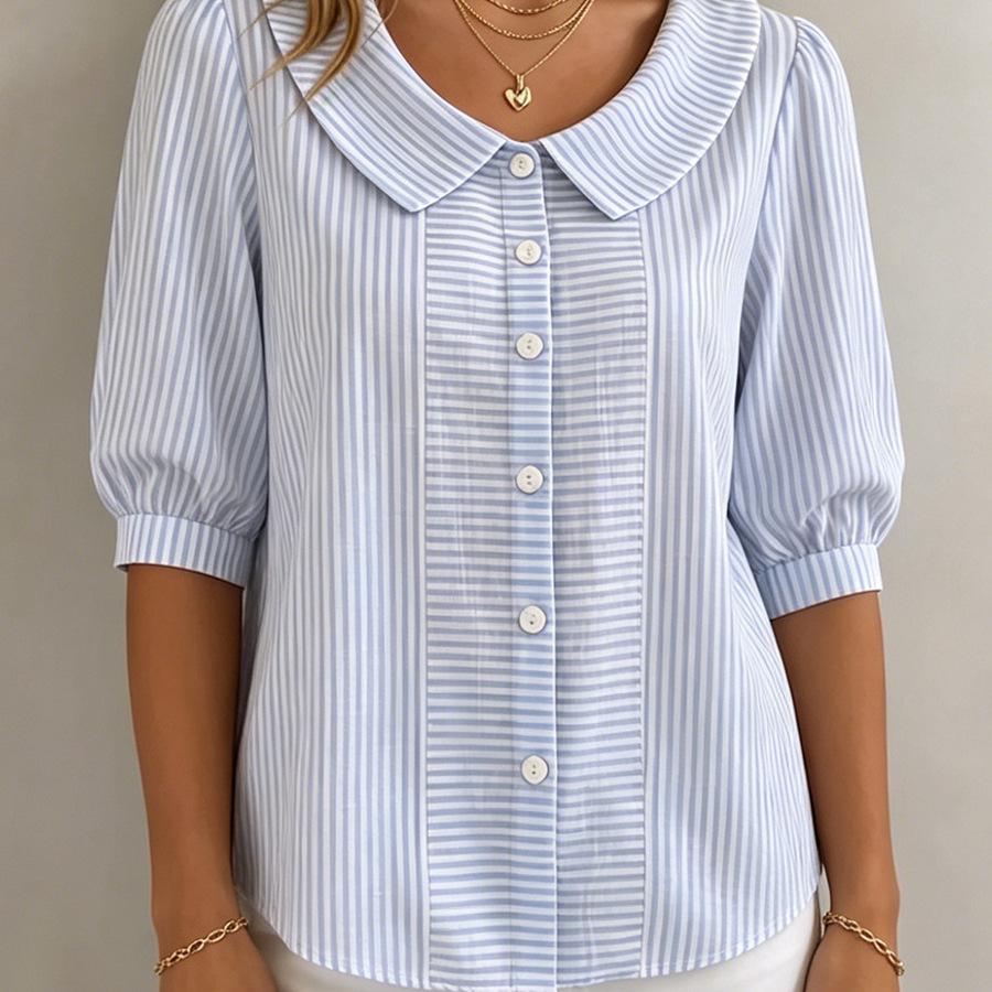 Women's Peter Pan Collar Puff Short Sleeve Vertical Stripe Single Breasted Loose Casual Blouse Shirt