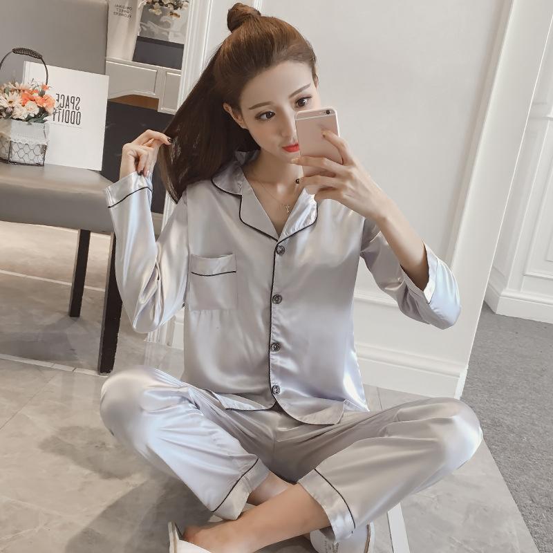 Simulation Silk Pajamas, Women's Ice Silk Two-piece Set, Casual Cardigan Pajamas, Can Be Worn Outside The Home Clothing