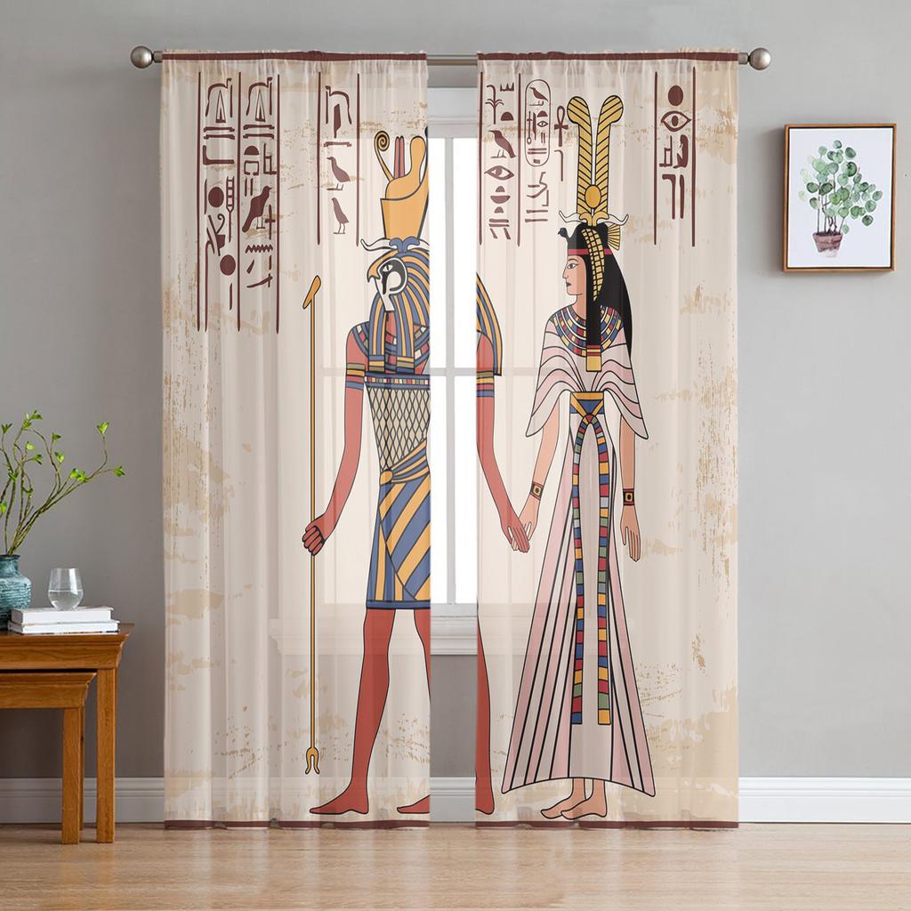 Ideal for Living Room Bedroom Space Space Decoration Window Opening Voiles Morning Tulle Drape1 - Ancient Egypt Art Cat Feather Retro Sheer Curtains