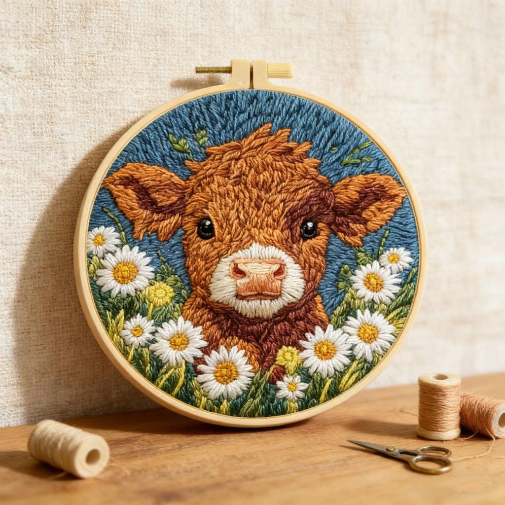 Hand Embroidery Kit with Cow Design - Cute Animal Set for Home Decor