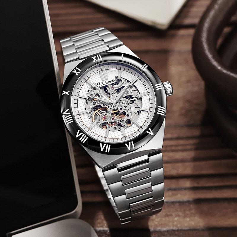 Dulunwe Skeleton Mechanical Watches Blue Roman Dial Watch for Men Automatic Watches Luxury Sports Waterproof Clock