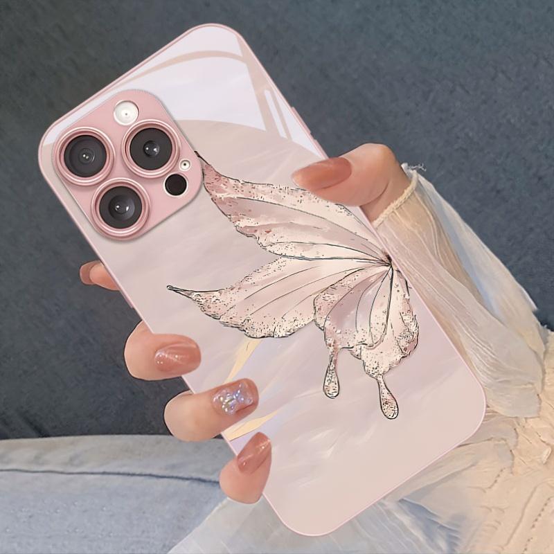 Butterfly wing design tempered glass phone case suitable for iPhone 17 16 15 14 13 12 11 Pro Max Plus shockproof back cover