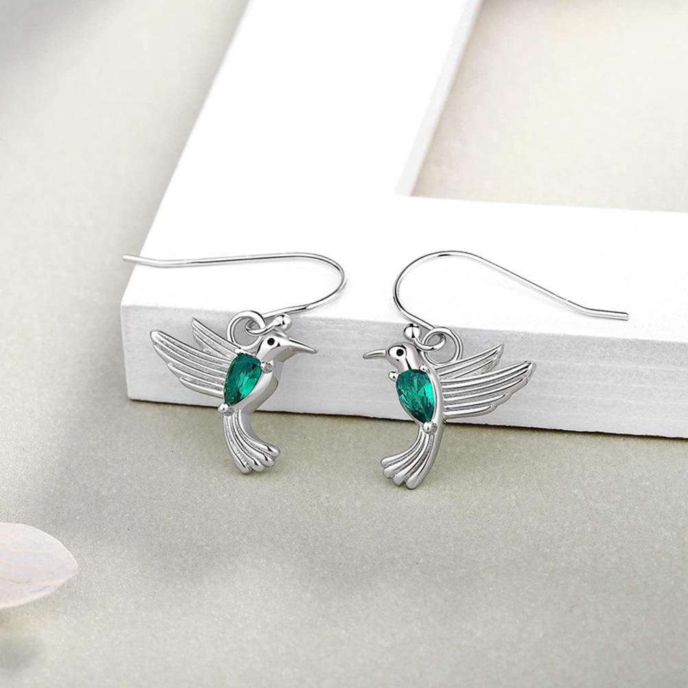 Fashion Flying Hummingbird Earrings with Green Crystal Silver Earrings Zircon Bird Earrings Jewelry Gift for Girls Women