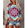 Damska koszulka z długim rękawem T‑shirt Tęczowy Tie‑Dye Grafika Słońca Okrągły dekolt Luźna Codzienna Góra