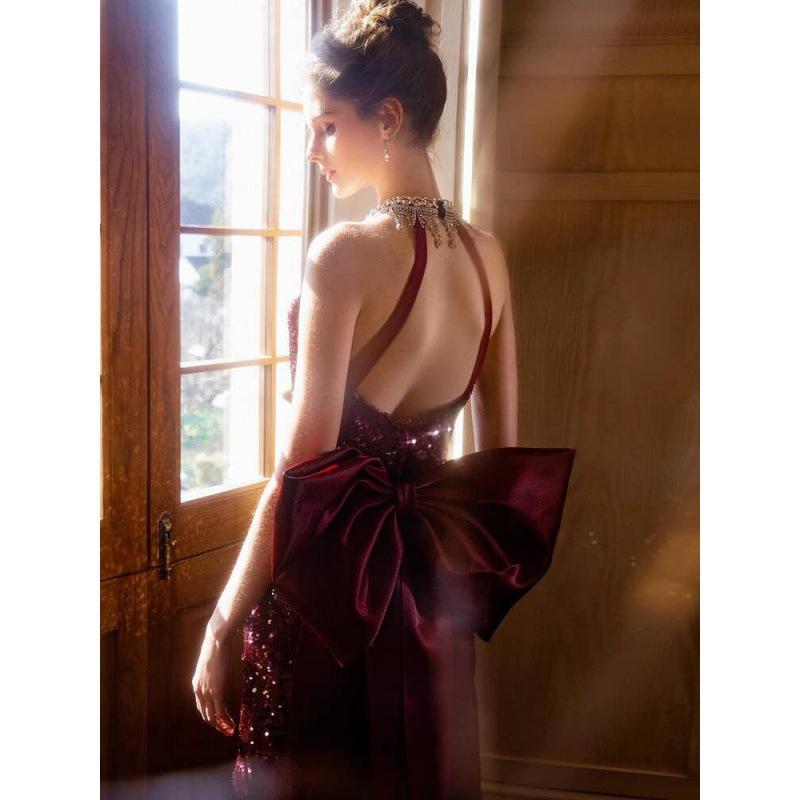 Sequin toasting suit bride burgundy engagement banquet temperament long neck type heavy industry fishtail evening dress dress woman