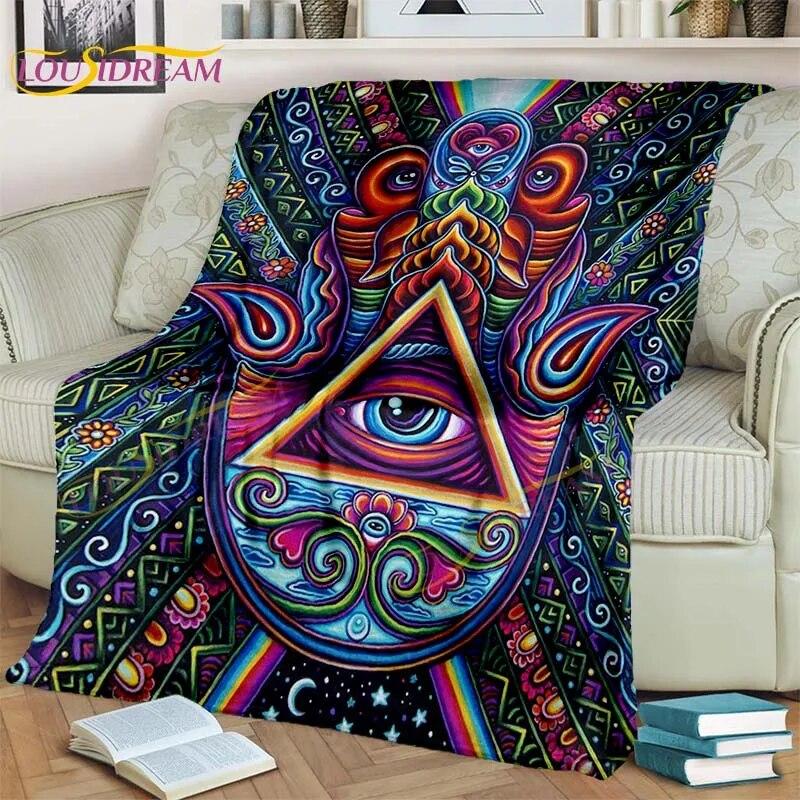 Bule Evil Eye Blanket Hamsa Hand Psychedelic Blanket for Travel Bedding Chair Adult Lightweight Bohemian Style Blanket Tapestry