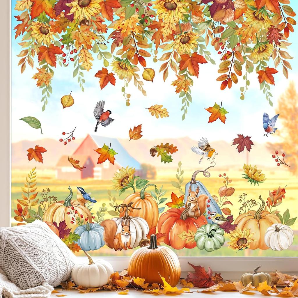 Wondever Fall Sunflower Window Clings Thanksgiving Autumn Harvest Hanging Flower Vine Pumpkin Glass Sticker Decal Anti Collision Double-Side Static