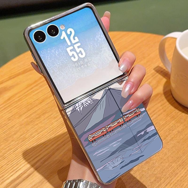 Mountain Range PU Leather Phone Case For Samsung Galaxy Z Flip7 FE Flip6 Flip 7 6 5 5G Silver Plating Frame Hard Folding Cover
