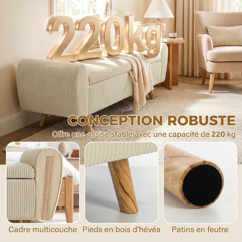 Storage Bench, 73 L, Corduroy, Armrests, Rubberwood Legs, Beige
