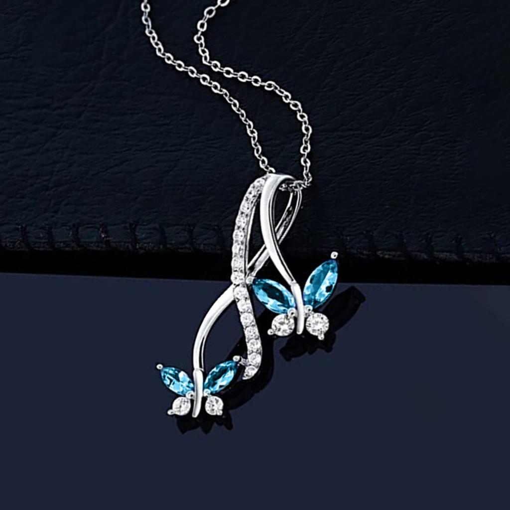 Blue Marquise Butterfly Pendant Necklace with Sparkling Accent Stones and Twisted Curve Design Elegant Jewelry for Women