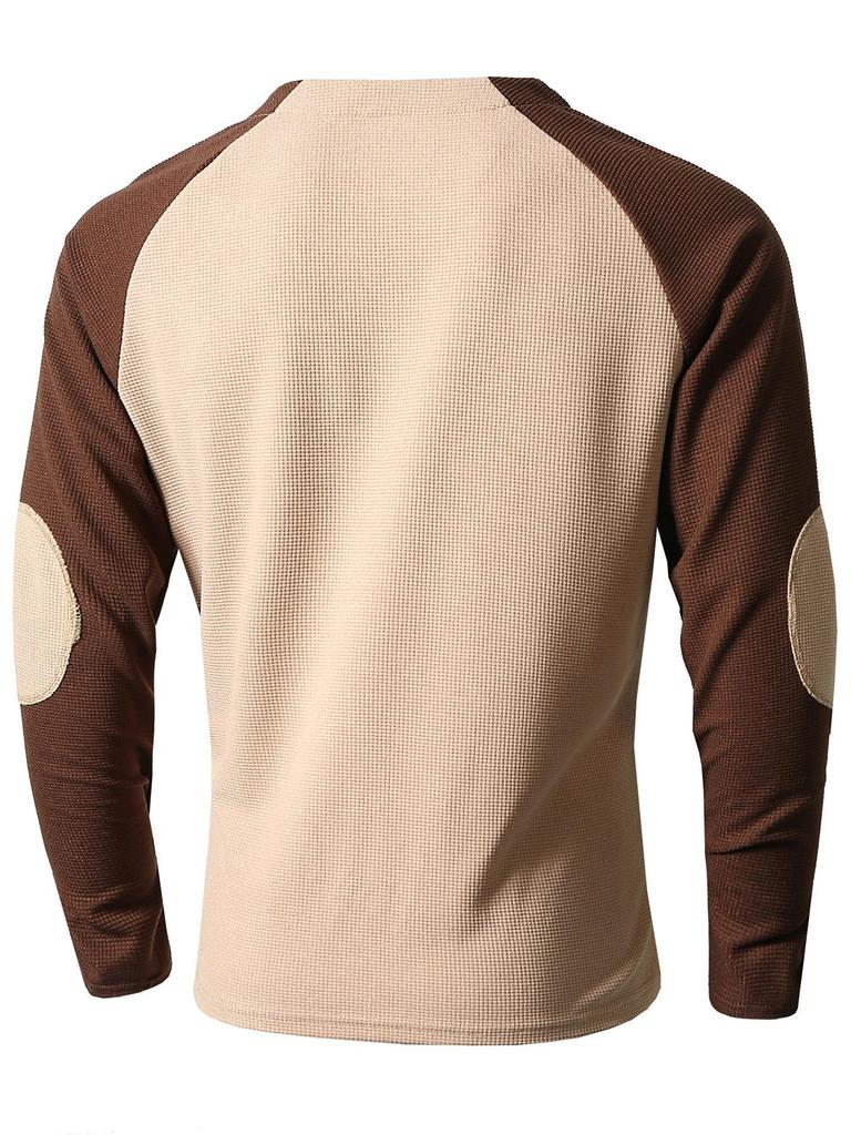 Men's Cross-Border Casual Raglan Sleeve Patchwork Round Neck Waffle Knit Sweatshirt for Spring/Autumn