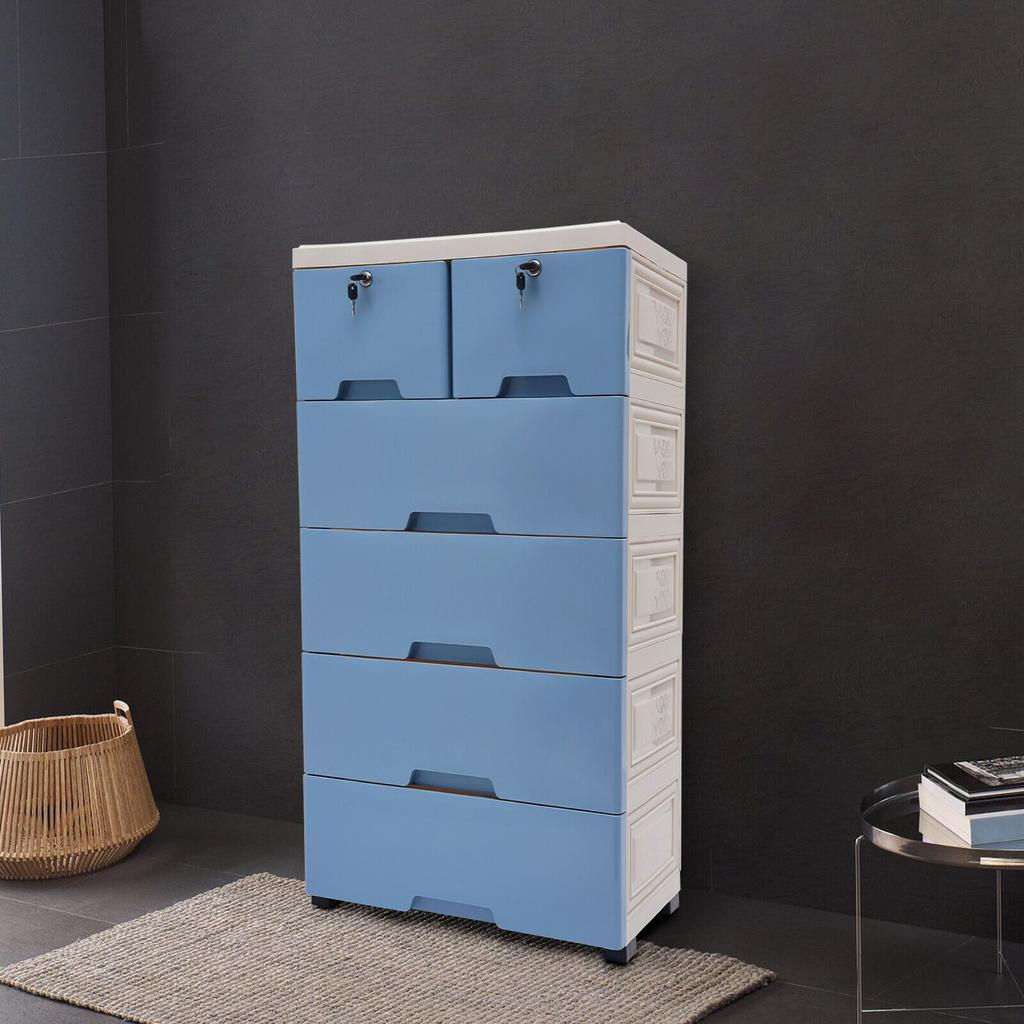 6-Drawer Modular Storage Cabinet – PP Plastic Dresser with Wheels & Locks – White/Blue – 50 x 35 x 102 cm