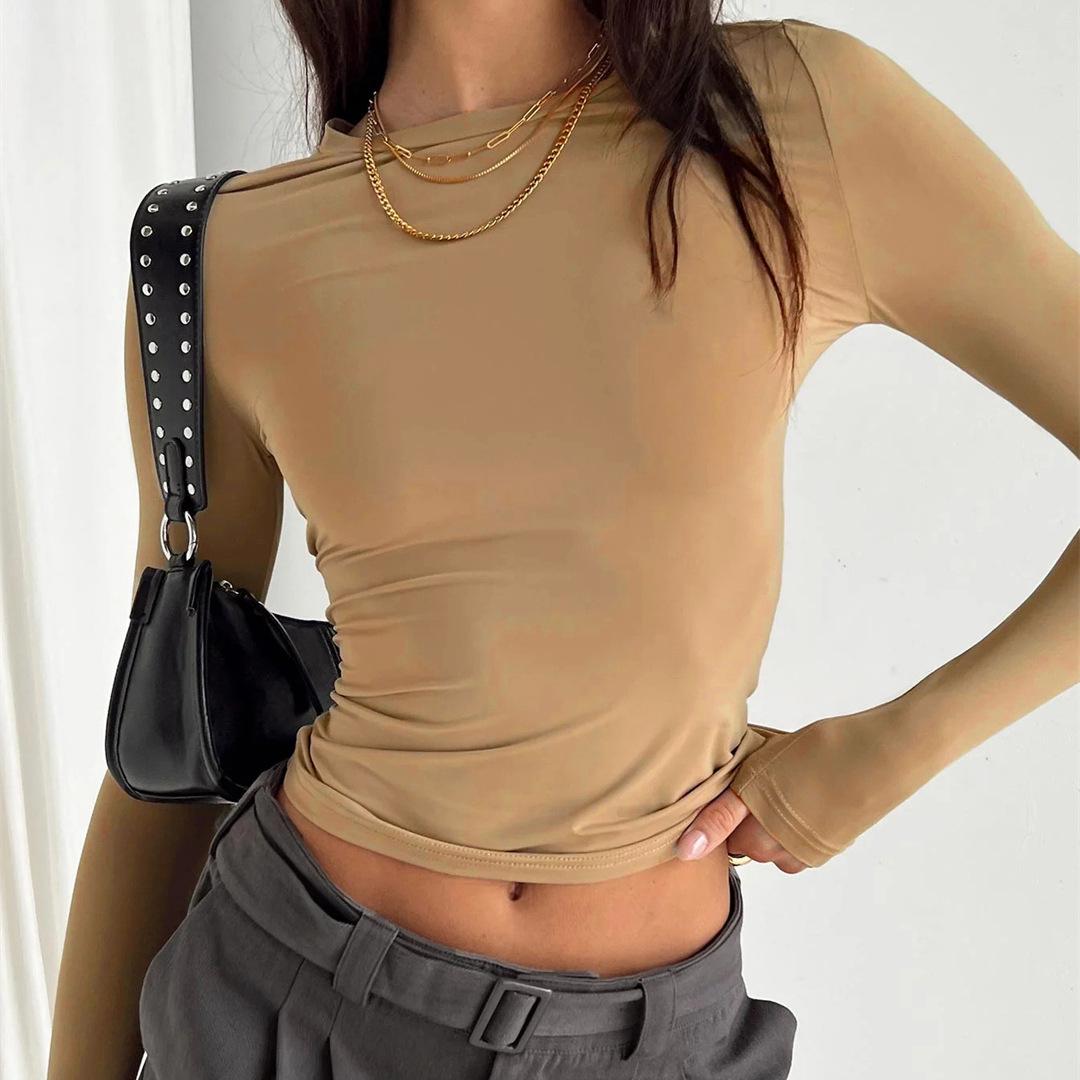 

2025 Autumn Women s Solid Color Slim Fit Round Neck Long Sleeve Top M белый