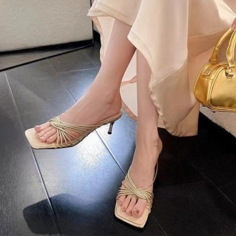 Stiletto Sandals Summer New Square Toe Open Toe Crossover Slim Strap Slip Anti-Slip Wear-Resistant High Heels
