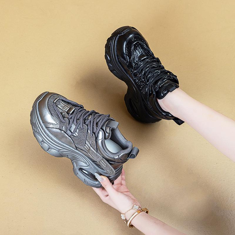 9cm Genuine Leather Rhinestone Bling Chunky Sneakers Spring Summer Autumn Breathable Platform Wedge Women Fashion Shoes