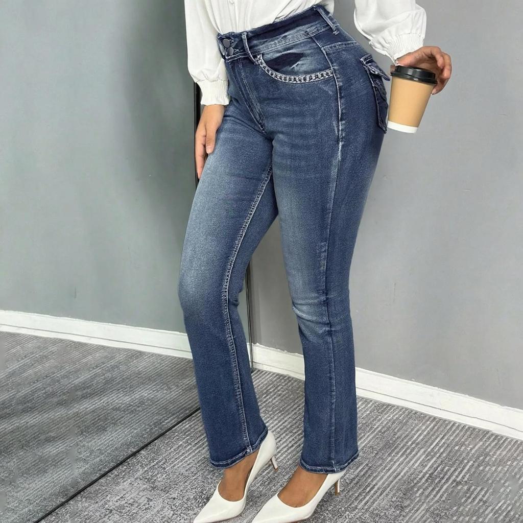 Damen Jeans mit hoher Taille und gewaschener Optik, modische, vielseitige Hose mit geradem Bein