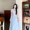 Light Blue Knitted Polo Neck Dress, Waist Closed and Thin In Summer, Gentle Temperament Style, Big Pendulum Dress Tide
