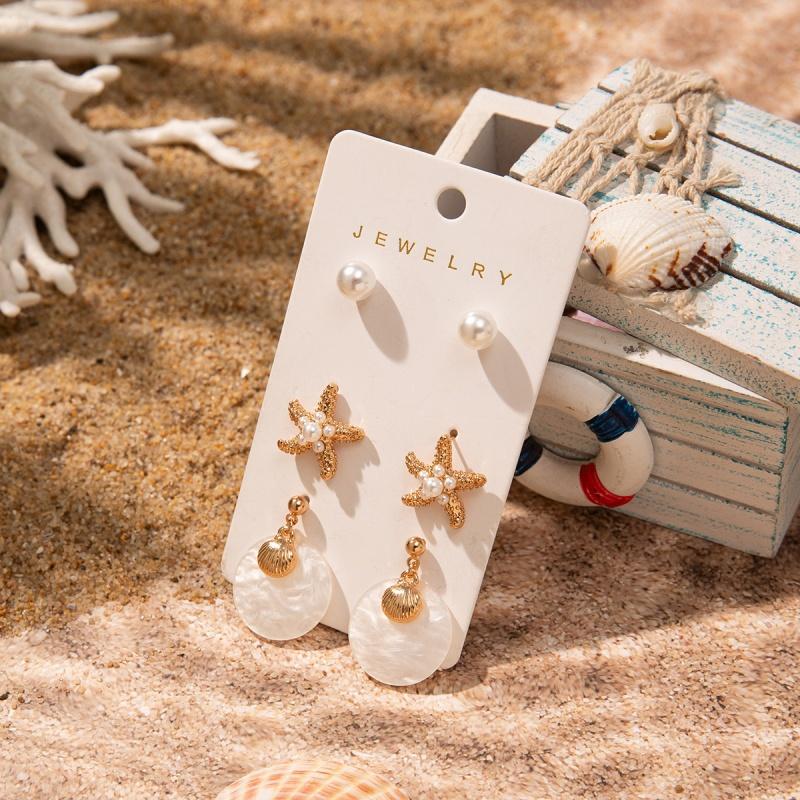 3pcs Gold-plated Pendant Earrings for Women Fashion Starfish Shell Imitation Pearl Earrings Seaside Vacation Stud Jewelry Gift
