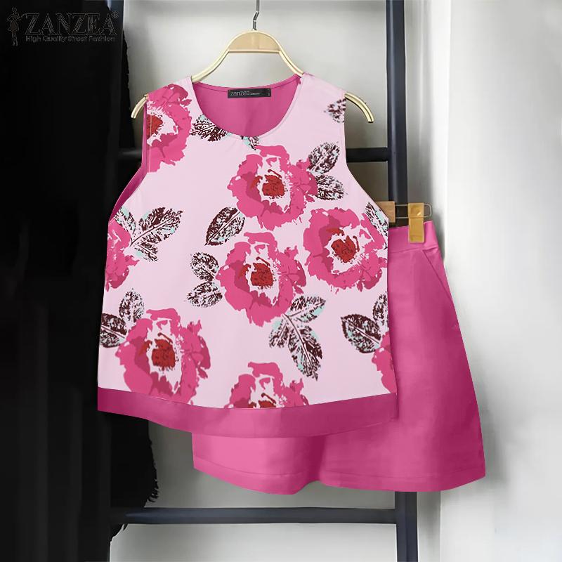 ZANZEA Women Floral Tank Tops and Shorts Summer Two Piece Sets