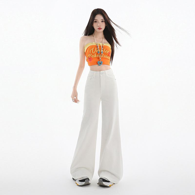 White non-stick leg slightly pulled jeans women's spring and summer new high-waisted loose and thin wide-leg flared pants