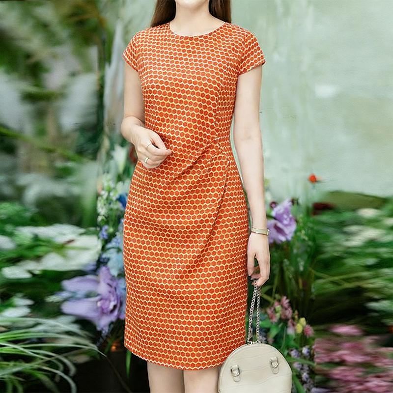 

ZANZEA Women Casual Round Neck Short Sleeve Print Elegant Sheath Dress 5XL помаранчевий