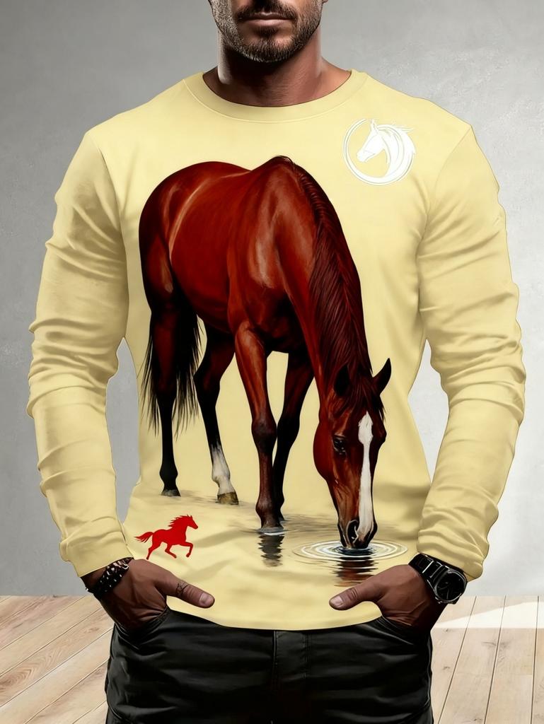 Men's T-Shirt Running Horse Graphic 3D Print Fashion Long Sleeve Crew Neck Unisex Tee Shirt Casual Summer Personality Men's Top