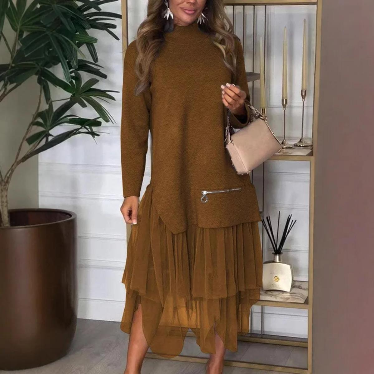 

Женское шифоновое платье макси с вставками, новый стиль, утепленное, длинное, осенне-зимнее, свободное платье-худи, шикарное уличное платье, vestidos 5XL темно-коричневого