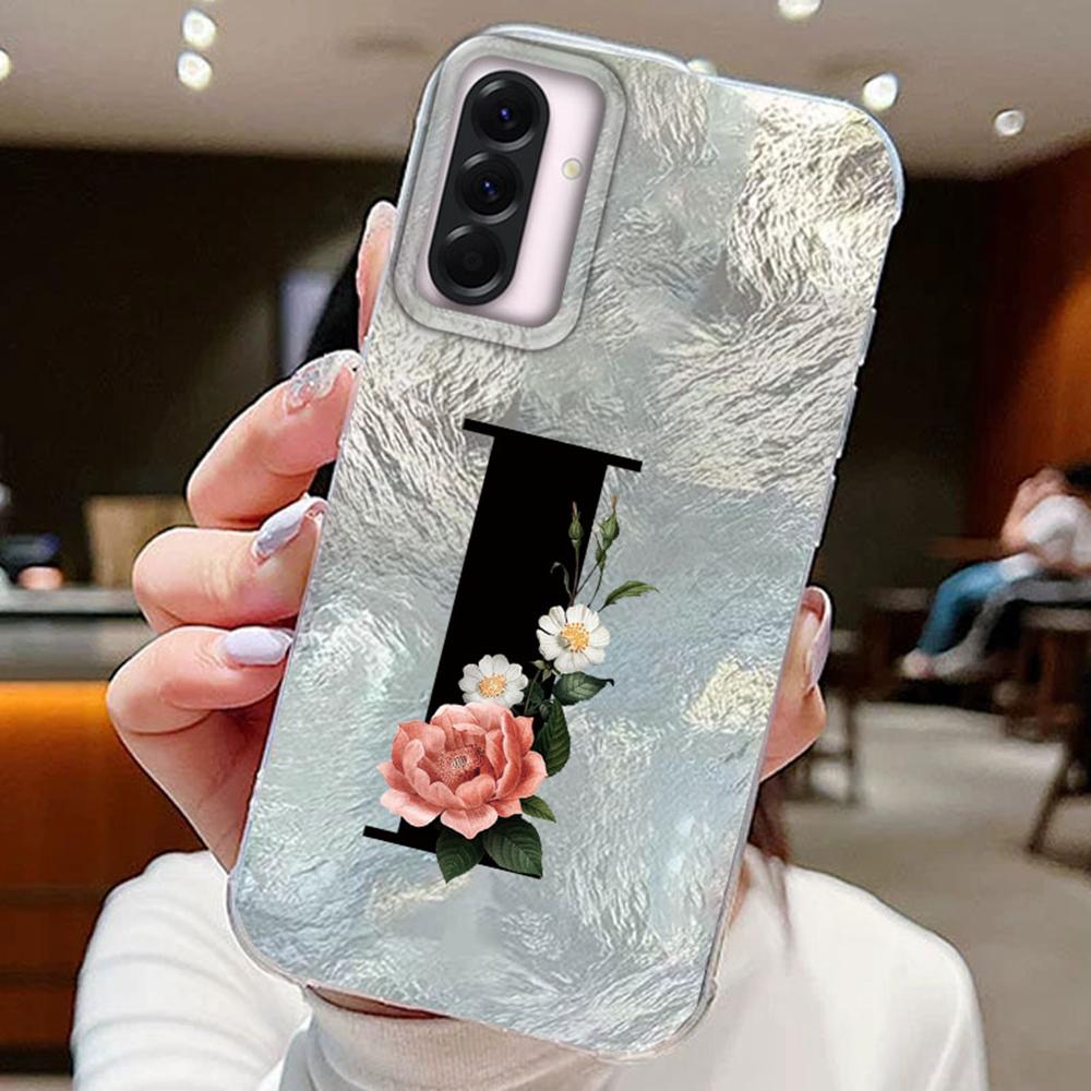 Black A-Z Letter Flower Laser Gradient For Samsung Galaxy A16 A36 A56 Phone Cases Cover Silicone Clear Soft Protect Back Bumper Hard PC Back Cover