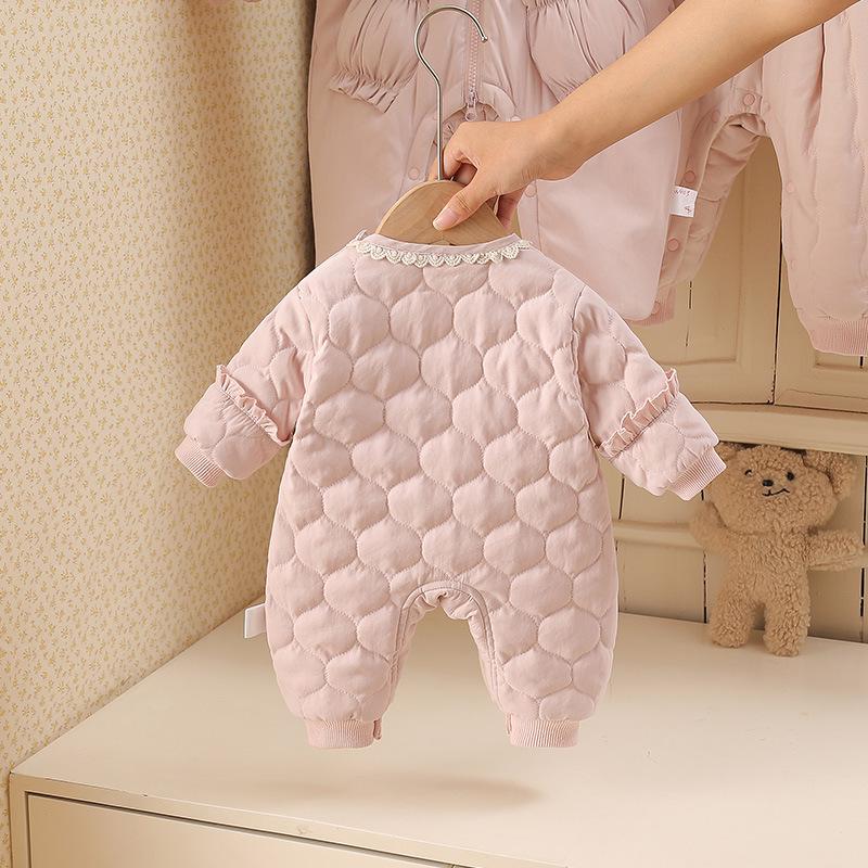 Różowy kombinezon bawełniany dla niemowląt z kieszonkowym króliczkiem, z podszewką z polaru, ciepłe okrycie wierzchnie na jesień/zimę dla noworodków.