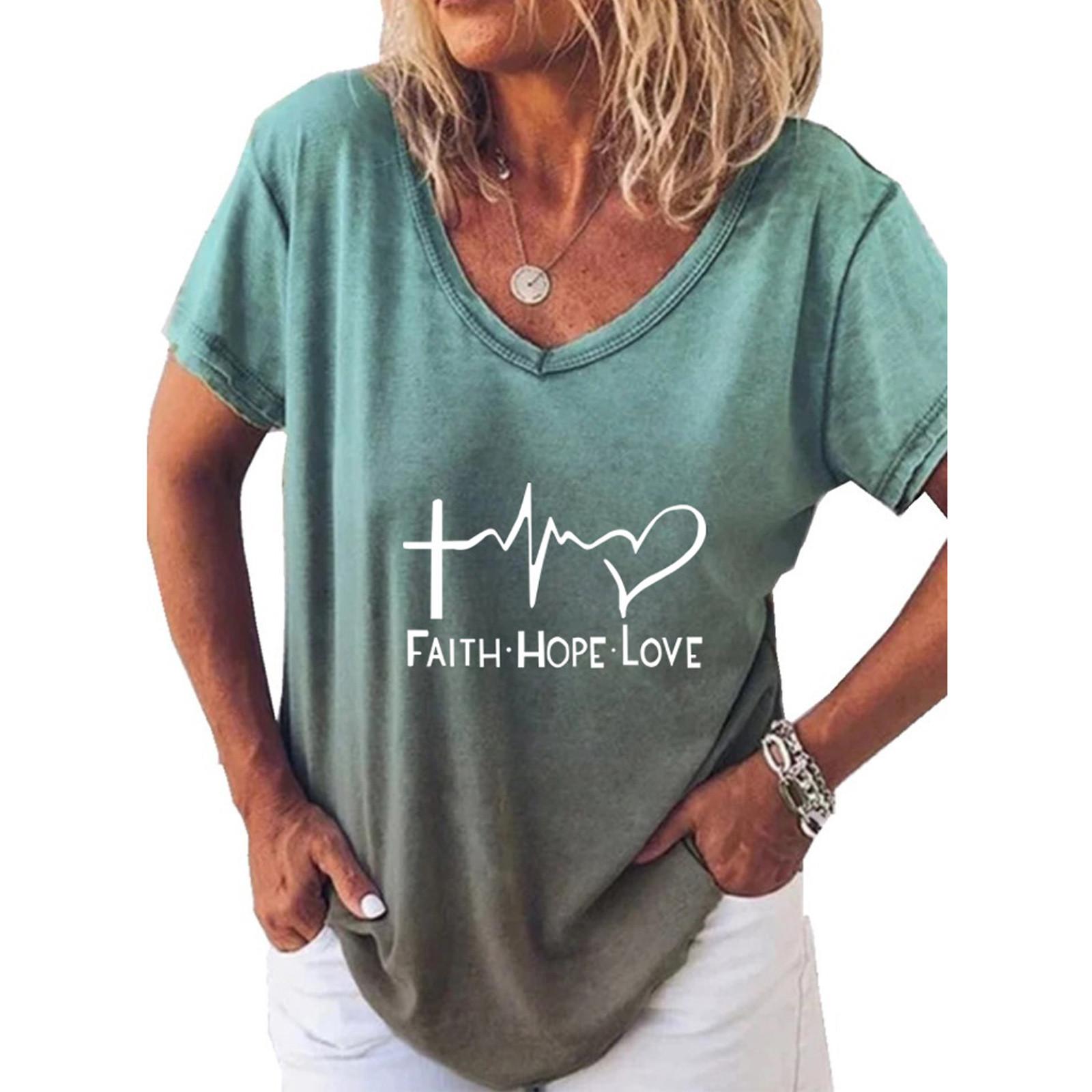 Women Gradient Print Fashion Short Sleeve V-Neck Letter Print Pullover T-shirt L