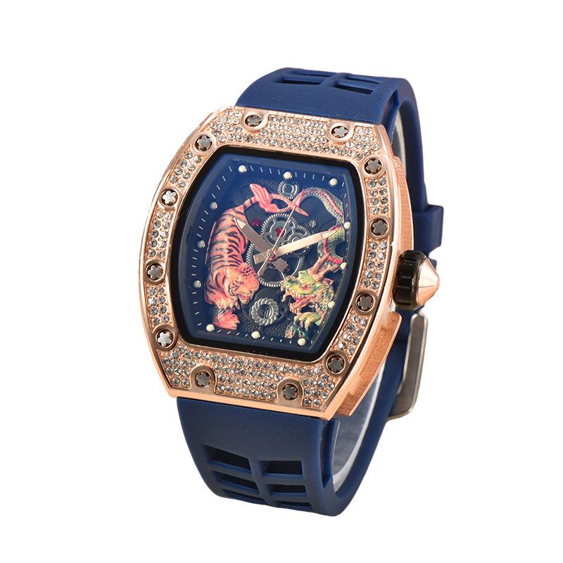 Men's Trendy Barrel-Shaped Full Diamond Quartz Watch with Calendar