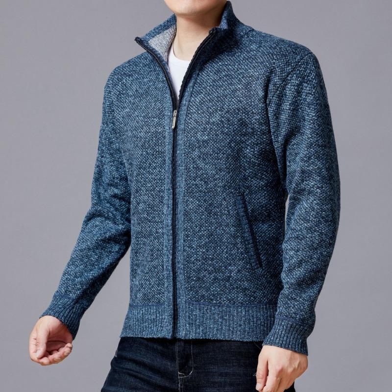 Mens Stand Collar Fleece Lined Solid Loose Knit Zip Up Long Sleeve Sweater Cardigan Coat
