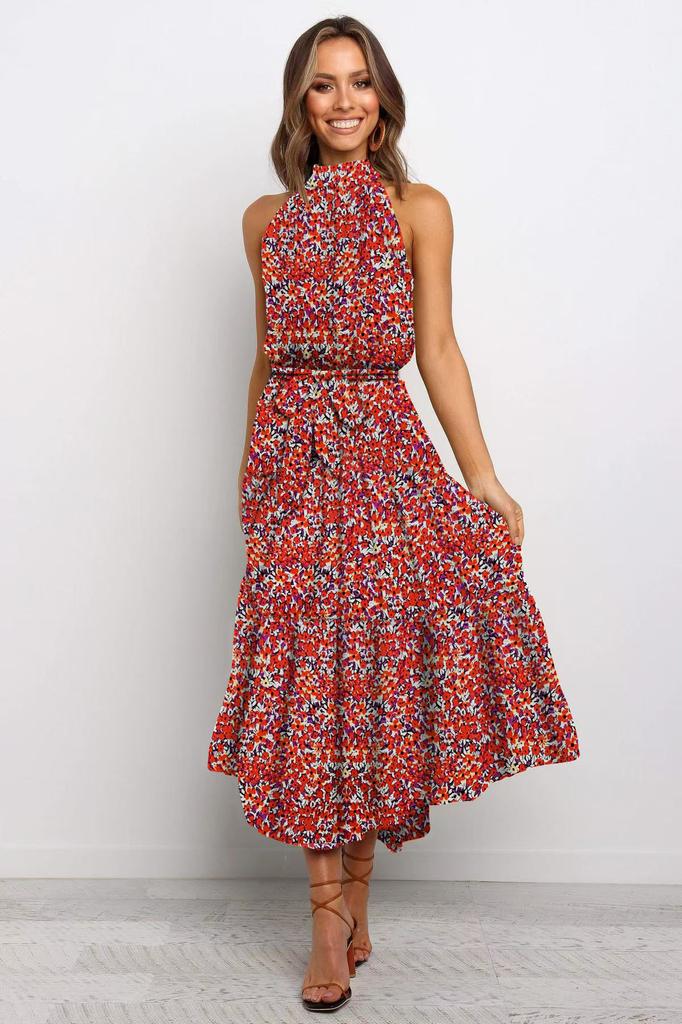 Women's long dress popular new neck polka dot printing lace-up dress