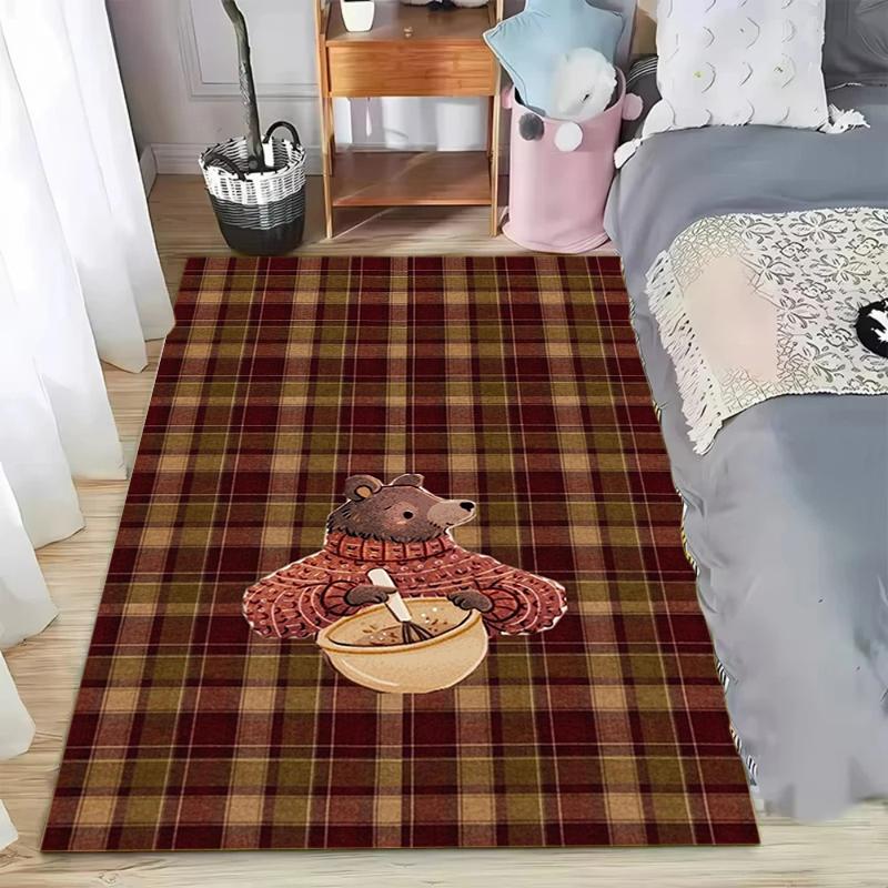 Nordischer karierter Teppich Braunbär Kaffeemuster Campingteppich Rutschfest Waschbarer Fußbodenmatte für Schlafzimmer Wohnung Fußabtreter Retro