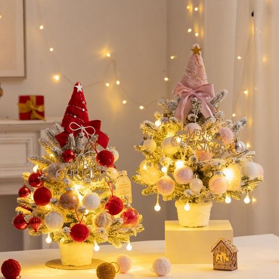 Mini Snow Flocked Christmas Tree Tabletop Artificial Christmas Tree with LED Lights Small Pine Tree with Balls And Bow for Desk Windowsill Decor