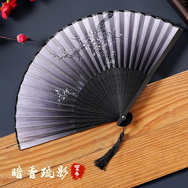 Chinese Traditional Landscape Painting High Quality Folding Hand Fan Large 38cm Bamboo Fold Fan Hanfu Dance Art Fan with Tassel 38cm