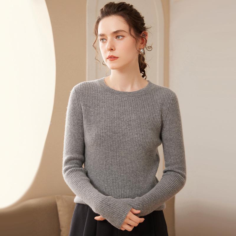 Women's Slim Fit Cashmere Striped Knit Pullover - Round Neck, Long Sleeve, Autumn/Winter Base Layer Sweater