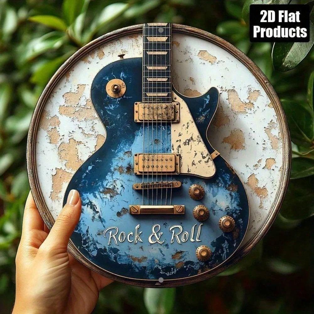 

Vintage Rock Metal Poster 8x12, Round Aluminum Blue Gold Sign for Bar