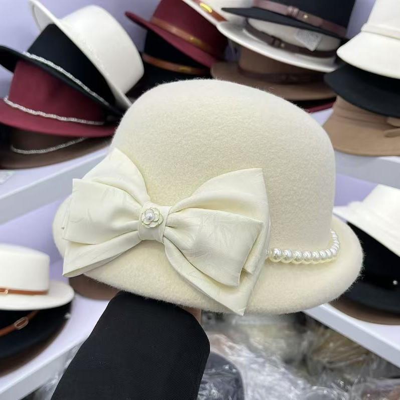daughter elegant bow Australian wool white small pot hat top hat small fragrant felt hat upturned beret children