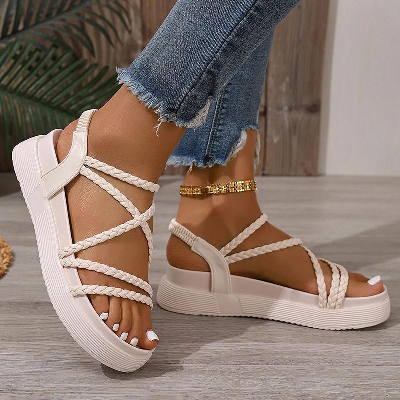 Fashion 2025 Summer Thick Bottom Woven Sandals Women Comfortable Slip On Platform Sandles Woman Casual Non Slip Gladiator Sandals Female