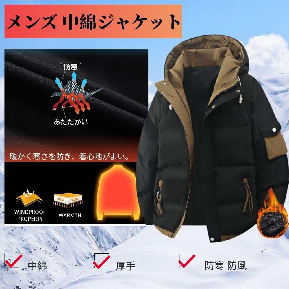 foxseon Down Mod Padded and Casual Winter Men's Jacket, Coat, Hooded, Thick, Cold-Weather Coat, Windproof, Warm, Outerwear, Unisex, Jumper, Green-L