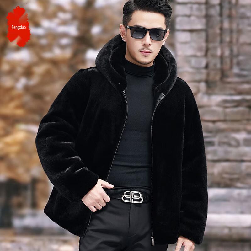 Fengxiao 2025 Men's Faux Mink Velvet Hooded Down-Lined Winter Overcoat