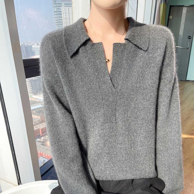 Women's 100% Pure Wool Loose Fit Polo Collar Cashmere Sweater - Autumn/Winter 2024 Collection.