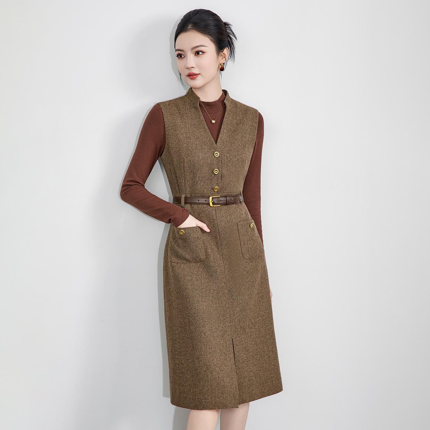 2516307 - Elegant Wool Blend Tweed Vest Dress for Women, Autumn/Winter Style S хаки