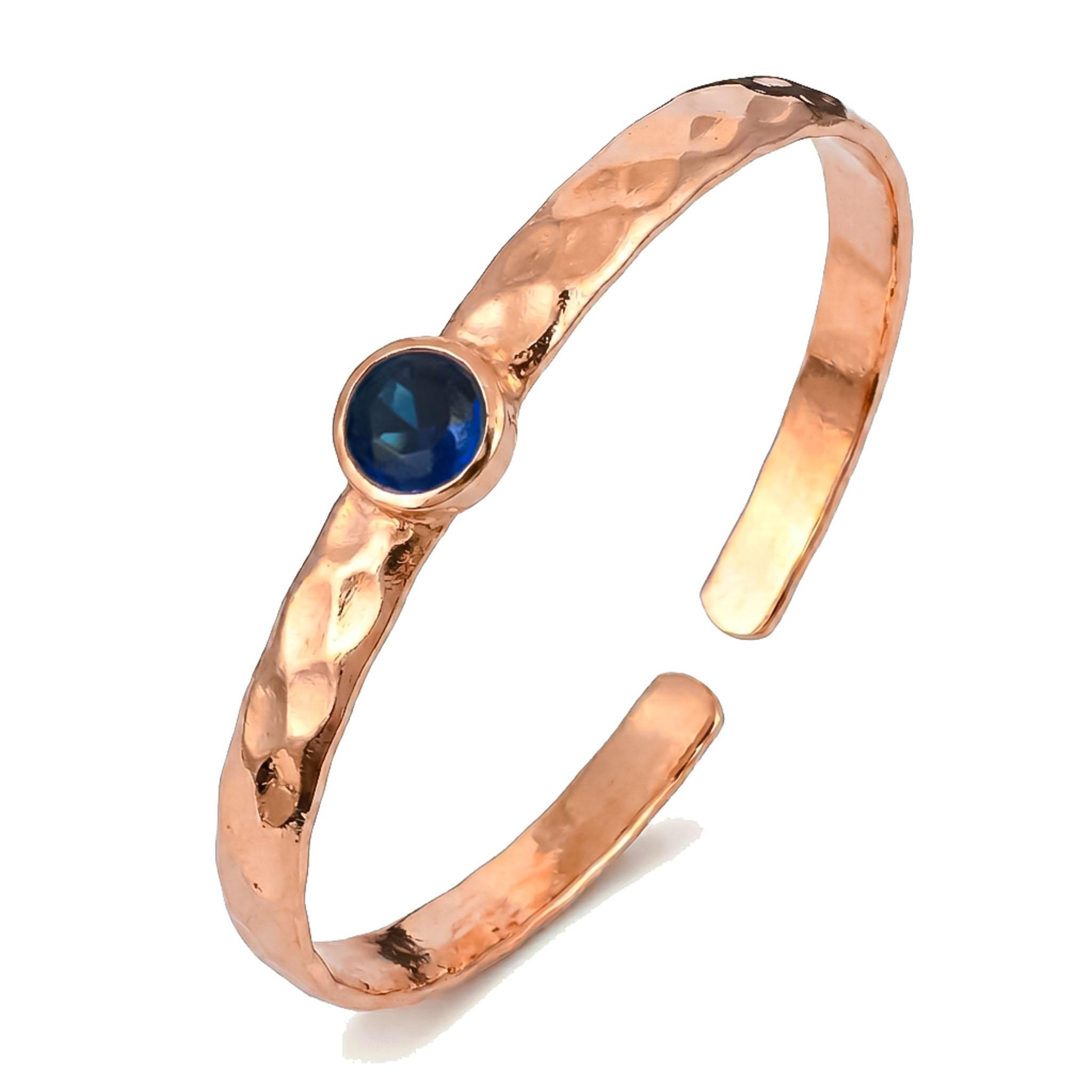 

Handmade Hammered Copper Cuff Bracelet with Iolite Gemstone Adjustable Open Bangle Jewelry for Women
