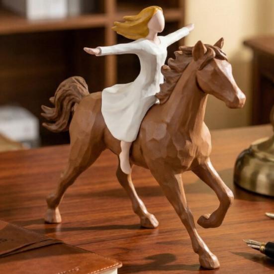 Girl Riding Horse Figurine Hand-Painted Women On Horse Resin Statue Sculpture Home Office Decoration